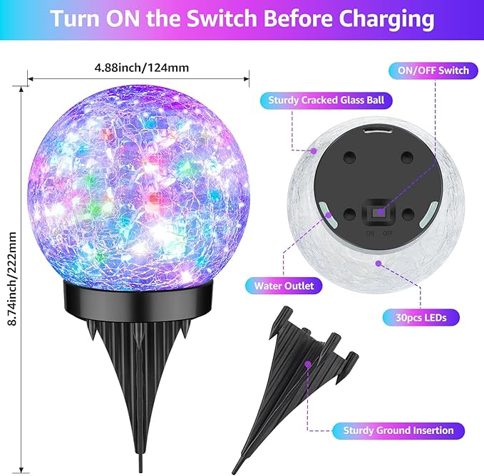 2-Pack Garden Solar Lights Outdoor, Colored Cracked Glass Ball Light Waterproof, Decorative Solar Powered Globe Lighting Multicolor for Yard