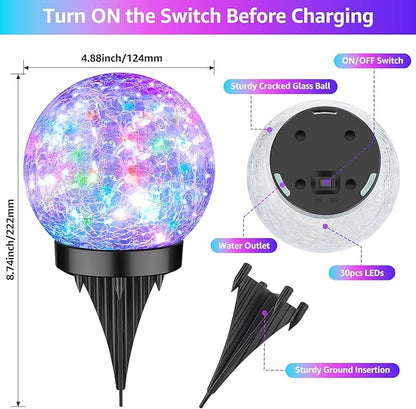 2-Pack Garden Solar Lights Outdoor, Colored Cracked Glass Ball Light Waterproof, Decorative Solar Powered Globe Lighting Multicolor for Yard