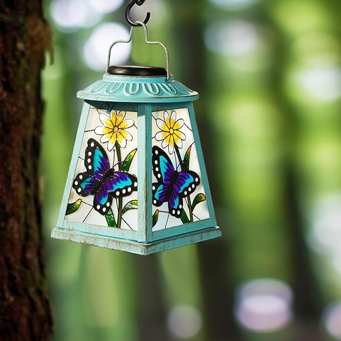 Butterfly Solar Lantern with Shepherd Hook, Outdoor Hanging Metal LED Garden Light Waterproof for Patio Yard Pathway, Butterfly Lantern Decor and Christmas Holiday Gift for Mom Grandma Women