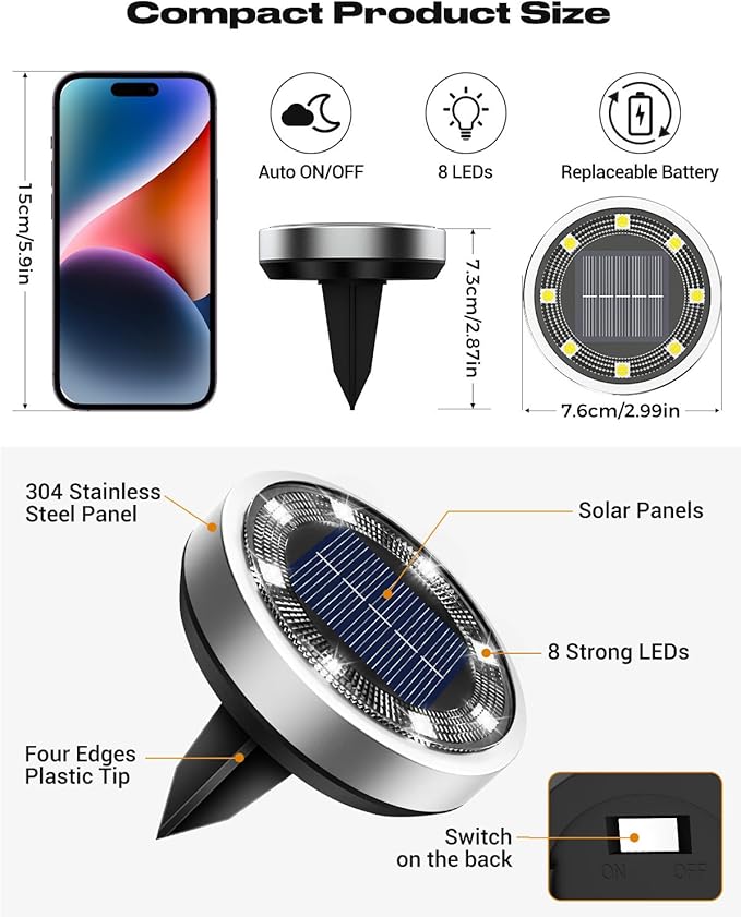 btfarm 10 Pack Solar Lights Outdoor, 8 LED Solar Ground Lights IP65 Waterproof Flat Solar Disc Light, Pathway Lights for Garden Lawn Patio Yard Path Landscape, Cool White