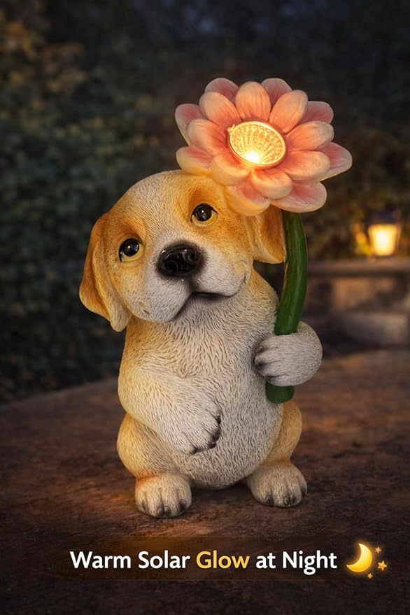 Solar Dog Garden Statue with LED Flower – Hand-Painted Resin Puppy Figurine, Solar Powered Outdoor Garden Decor, Auto On/Off Yard Light Gift (Puppy)