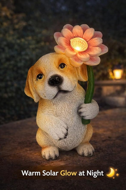 Solar Dog Garden Statue with LED Flower – Hand-Painted Resin Puppy Figurine, Solar Powered Outdoor Garden Decor, Auto On/Off Yard Light Gift (Puppy)