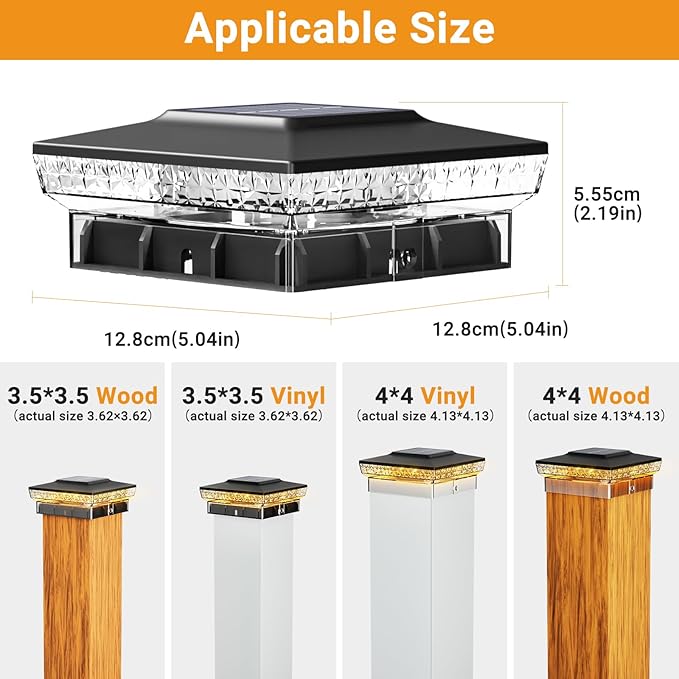 btfarm 8 Pack Solar Post Cap Lights Outdoor, 2 Color Modes 16 LED Fence Post Lights Fit 4x4 3.5x3.5 Wooden/Vinyl, Bright Waterproof Solar Powered Deck Lighting Outside for Patio Porch Garden, Black