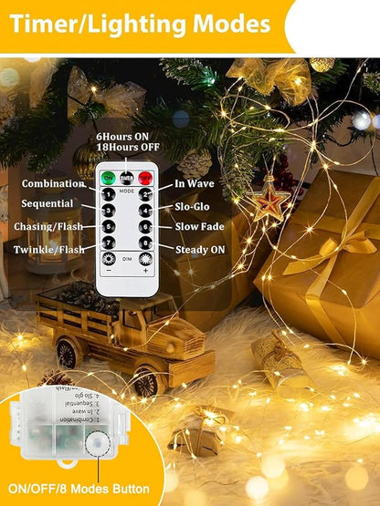 6 Pack 100LED Christmas Battery Operated Fairy Lights with Remote, 8 Modes String Light with Timer, Dimmable, Memory Function, Waterproof Twinkle Lights for Outdoor Indoor Christmas Decor(Warm White)