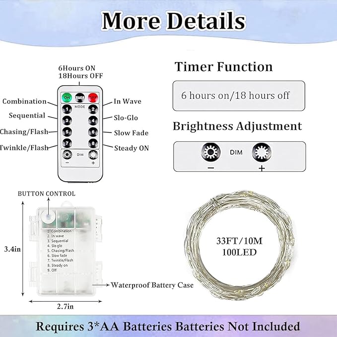 Christmas Fairy Lights, 33ft 100 LED Battery Twinkle Lights