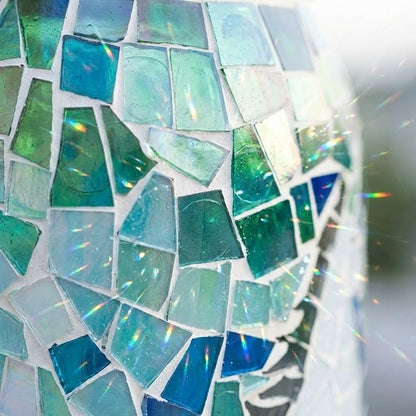 7.5" Large Mosaic Solar Lantern Outdoor: Gradient Emerald Azure Stained Glass Jar Decorative Silhouette Hanging Lights for Garden Patio Yard Artistic Glass Vase Table Lamp Gifts for Women