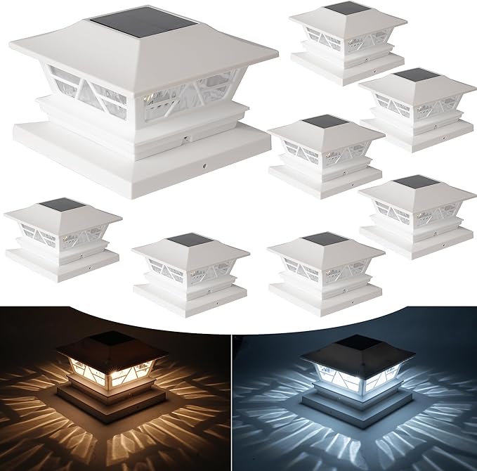 TW SHINE 8 Pack Solar Outdoor Fence Post Lights, 2 Modes Post Cap Lights Waterproof Warm White/Cool White for Yard, Garden, Porch, Patio Decor, for 4x4 5x5 6x6 Wood Posts, White