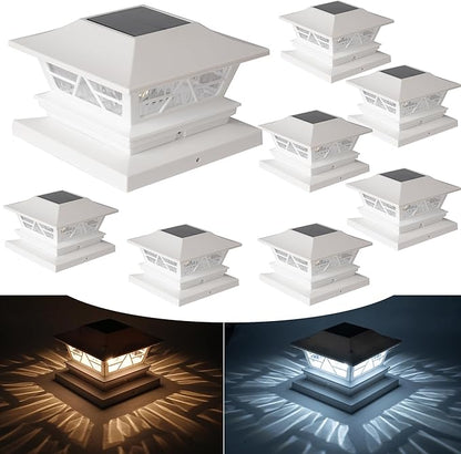 TW SHINE 8 Pack Solar Outdoor Fence Post Lights, 2 Modes Post Cap Lights Waterproof Warm White/Cool White for Yard, Garden, Porch, Patio Decor, for 4x4 5x5 6x6 Wood Posts, White