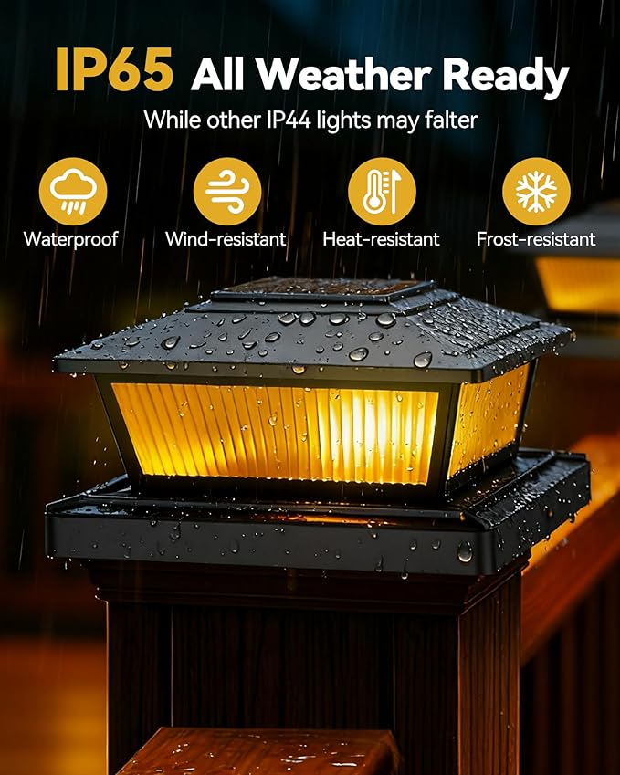 Solar Post Cap Lights Outdoor for 4x4 5x5 6x6 Wood/Vinyl Posts, 8 Pack Fence Post Solar Lights with Flickering Flame & Warm Modes for Deck/Garden/Patio, IP65 Waterproof - Black