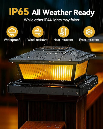 Solar Post Cap Lights Outdoor for 4x4 5x5 6x6 Wood/Vinyl Posts, 8 Pack Fence Post Solar Lights with Flickering Flame & Warm Modes for Deck/Garden/Patio, IP65 Waterproof - Black