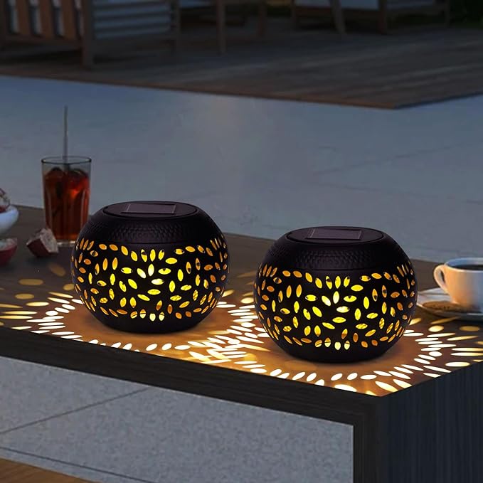 Solar Lanterns Outdoor Table Lights,2 Pack Outdoor Waterproof Decor, Hollow Out Retro Black Metal Solar Patio Lamps,Yard Porch Garden Balcony Indoor Desk Bedroom Tabletop Decorations