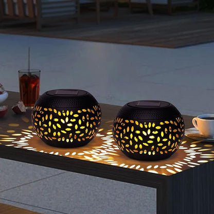 Solar Lanterns Outdoor Table Lights,2 Pack Outdoor Waterproof Decor, Hollow Out Retro Black Metal Solar Patio Lamps,Yard Porch Garden Balcony Indoor Desk Bedroom Tabletop Decorations