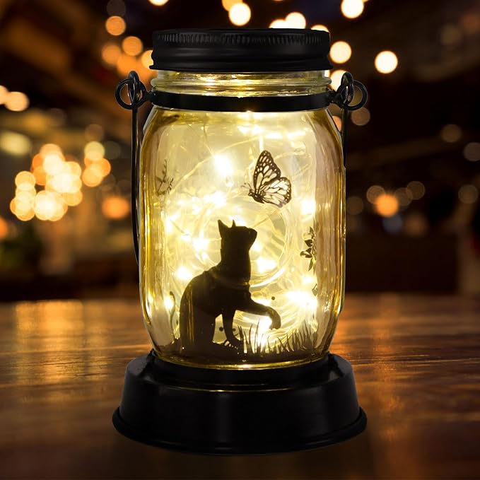 Cat Butterfly Solar Light, Fairy Lantern Garden Lights, jar Bottle Light, Solar Lanterns Outdoor Garden Decor, mom Gift, Grandma Gift, Gifts for Mother, Cat Lover Gifts