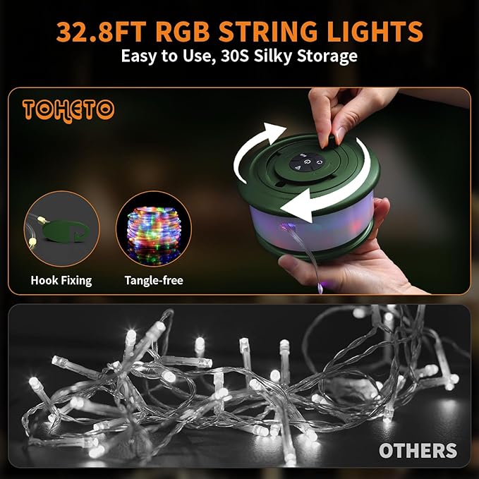 Camping String Lights, 3 in 1 Upgraded Retractable RGB Outdoor String Lights with 19 Lighting Modes, Quick 30s Recovery, 32.8 FT Portable Tent Lights, Rechargeable Camping Lantern (Green)