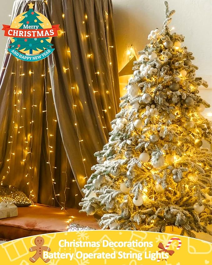 2 Pack Christmas String Lights Battery Operated with Timer, 66FT 200 LED Waterproof Twinkle Lights, 8 Modes Fairy Light for Indoor and Outdoor Bedroom Garland Tree Christmas Decorations (Warm White)