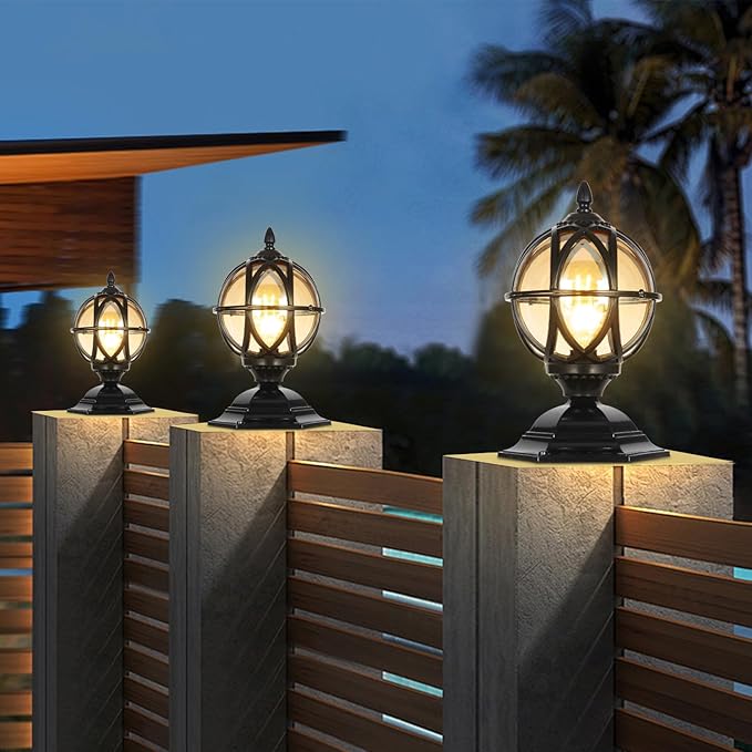 Outdoor Post Caps Lights Fixture Exterior Post Mount Column Lights IP55 Waterproof Pillar Lamps Fence Deck Caps Lanterns With Globe Amber Glass Landscape Lighting Yard Porch Gate Bollard Pedestal Lamp