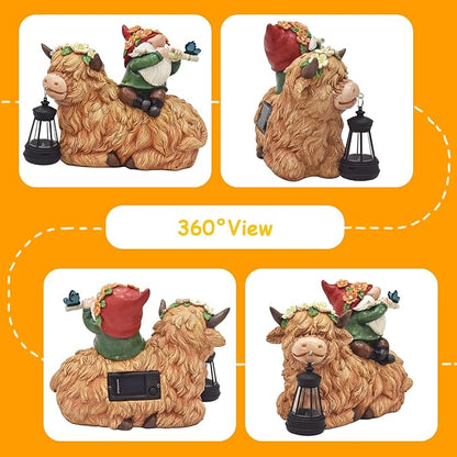 WINTS Solar Highland Cow Gnome Light Outdoor Statues, Christmas Highland Cow with Lantern for Lawn Yard Outdoor Garden Decorations, Heartwarming Gift for Mom & Women