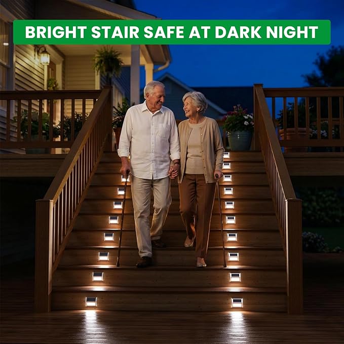 JSOT Outdoor Fence Lights,12 Pack Solar Powered Deck Lights Waterproof Stairs Light Stainless Steel Security Wall Lamps for Step Walkway Patio Garden Pathway - Cool White