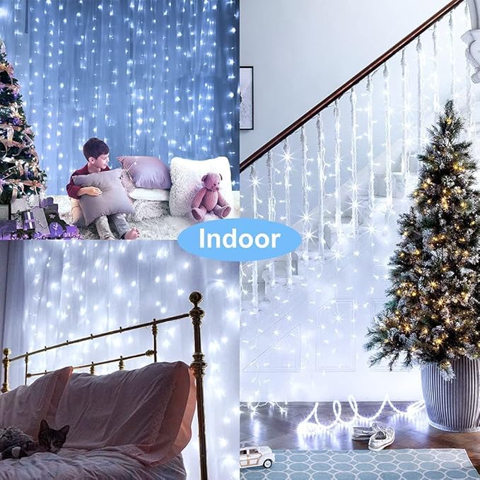 Solar Curtain Lights Outdoor Garden 300 LED Fairy String Lights 8 Modes Remote Control Waterproof Waterfall Lights for Gazebo Patio Home Festival Wedding Wall Christmas Decorations(White)