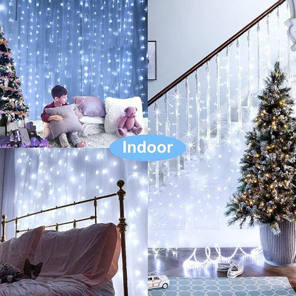 Solar Curtain Lights Outdoor Garden 300 LED Fairy String Lights 8 Modes Remote Control Waterproof Waterfall Lights for Gazebo Patio Home Festival Wedding Wall Christmas Decorations(White)