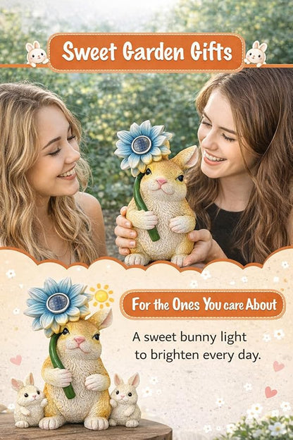 Solar Bunny Garden Statue with LED Flower – Hand-Painted Resin Rabbit Figurine, Outdoor Solar Light Decor for Yard, Patio, Porch, Lawn (Rabbit)