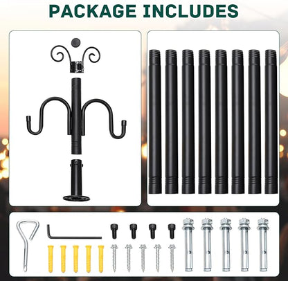 String Light Poles, 10FT Patio Light Poles for String Lights Metal Post Pole with Hooks to Hang Outdoor String Lights, Plant Baskets, Bird Feeder