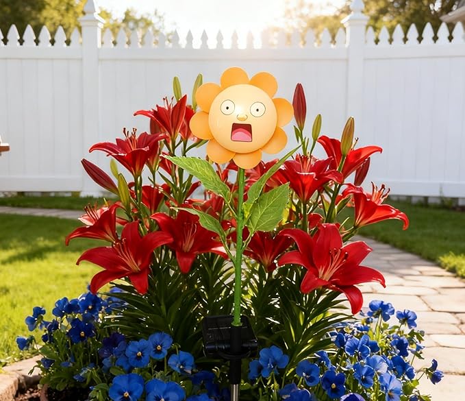 Personified Bobble Face Wind Spinners Sunflower Solar Light Outdoor with Funny Astonished Face - Garden Decor, Waterproof Auto-On/Off Pathway, Lawn, Yard Stake Light for Decorations - Single Pack