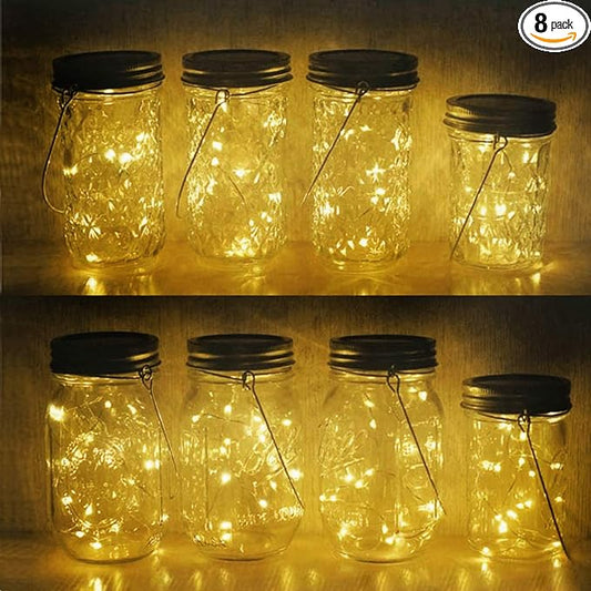 Decorman Solar Mason Jar Lights, 8 Pack Waterproof Fairy Star Firefly Lids String Lights with 8 Hangers for Patio Yard Garden Party Wedding Christmas Decoration(Jars Not Included)