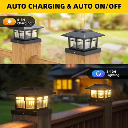 EXCMARK 2 Pack 4x4 Solar Post Cap Lights, Fence Deck Post Lights Outdoor Solar Powered Waterproof with Two Light Modes Warm&Cool White for Garden Patio Decor. (Classic Black,2)