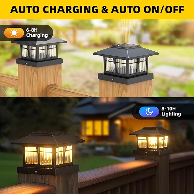 EXCMARK 4x4 Solar Post Cap Lights, 8 Pack Fence Deck Post Lights Outdoor Solar Powered Waterproof with Two Light Modes Warm&Cool White for Garden Patio Decor.(Classic Black, 8)