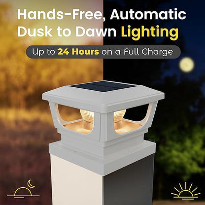 Brighticonic Solar Post Cap Lights Outdoor for 4x4, 3x3 – Auto On/Off Post Lights Solar Powered - Easy Install, IP65 Waterproof Deck & Fence Lights – Long Lasting Battery – 120 Lumen, WarmWhite - 2pck