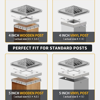 Glass Solar Post Cap Lights with Timber Style - Decorative Deck Fence Lights for 4x4 5x5 Posts Hidden Solar Panel, Modular Design, 10Hr Runtime, IP65, Warm White, White, 4 Pack