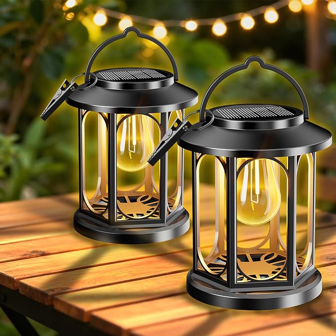 Solar Lanterns Outdoor Waterproof: Hanging Solar Lights with Handle & Clip for Outside Patio ,Porch ,Garden, Tabletop Decor - Bright LED Warm White Solar Powered Lighting，2 Pack