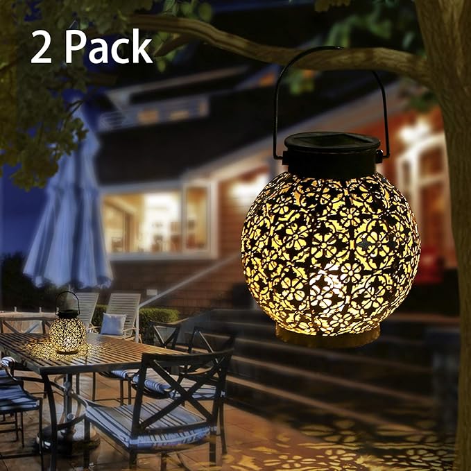 Solar Lanterns Outdoor Hanging Solar Lights Decorative Garden Lights Metal Waterproof Table Lamp for Patio Porch Backyard Pathway (2 Pack)
