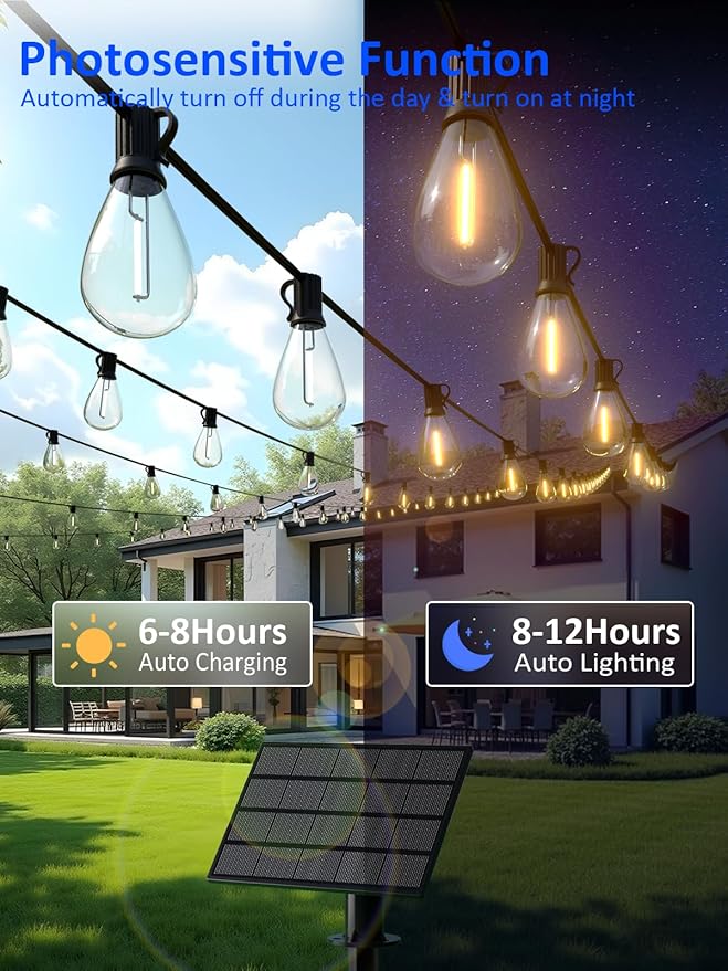 luckystyle 50FT Solar String Lights Outdoor Waterproof with 18+1 LED Bulbs Long Last for 20+Hrs, Commercial Grade Shatterproof USB Patio Solar Powered Lights for Camping，Backyard, Garden, Porch Decor