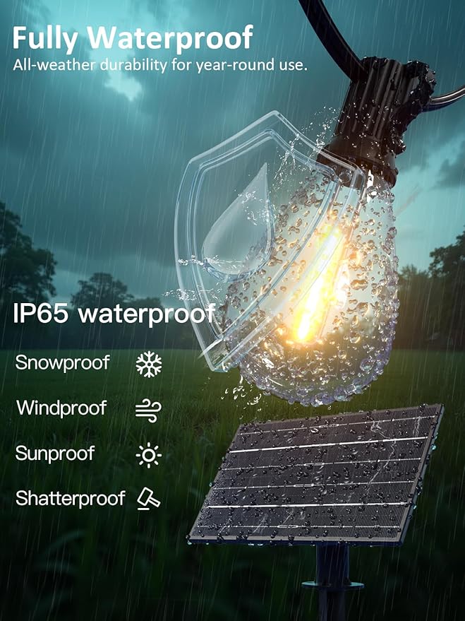 luckystyle 100FT Solar String Lights Outdoor Waterproof with 36+2 LED Bulbs Long Last for 20+Hrs, Commercial Grade Shatterproof Patio Solar Powered Lights for Camping，Backyard, Garden, Porch Decor