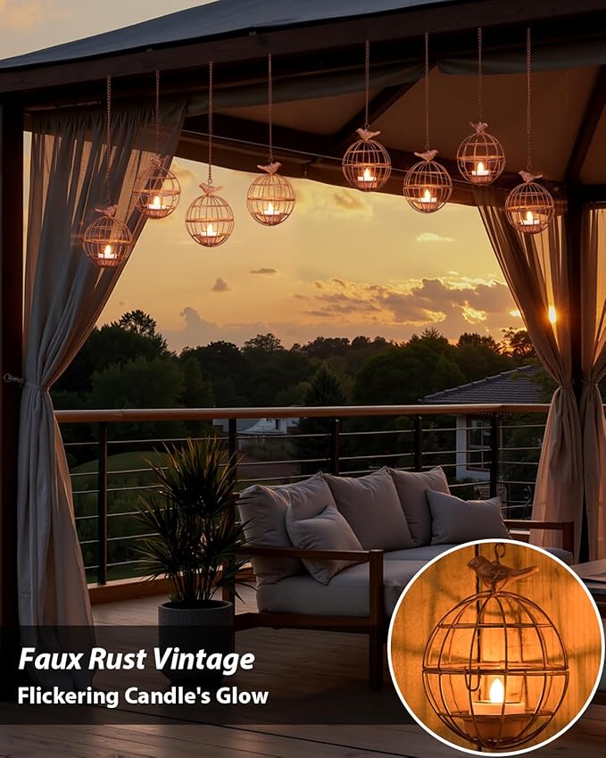 Outdoor Solar Hanging Lantern Lights, 4 Pack Rustic Ball Birdcage Hanging Candle Holder with Solar Tea Lights, Waterproof Chandelier for Patio, Backyard, Pergola, Tree Decor (Dark Orange)