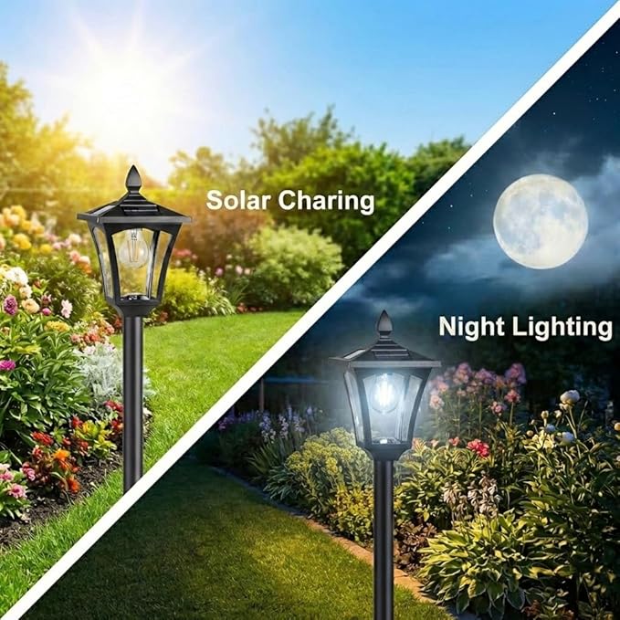 76" Solar Lamp Post Lights with Planter, Glass & Metal Street Light Outdoor Waterproof, 60 Lumens Dusk to Dawn Solar Pole Light for Garden, Yard, Driveway, Porch, Patio, Cool White