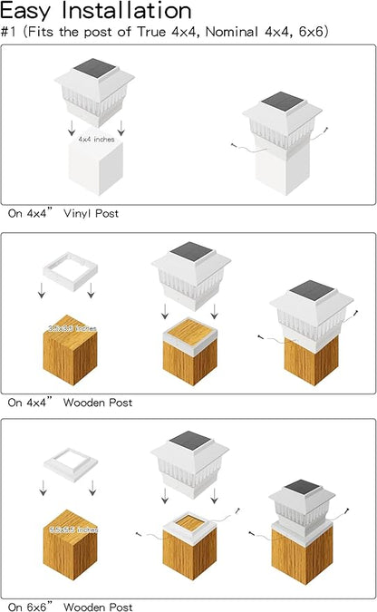 6 Pack Solar Post Cap Lights - Modern #1: Fits True 4x4 Vinyl, 4x4 & 6x6 Wood Posts, Bulk Savings, 3 Color Temp, 50 Lumen Waterproof Outdoor Lights for Deck Fence, Elegant White