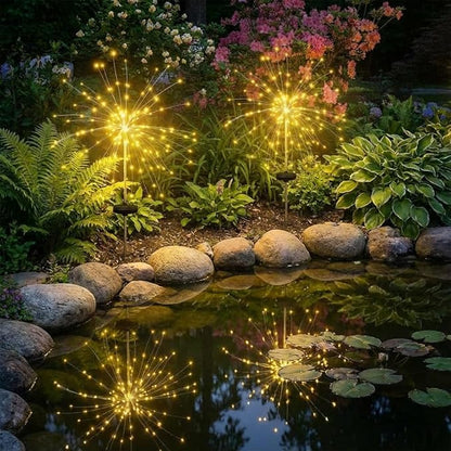 2 Pack Solar Firework Lights Outdoor - Verified 200 LED & 8 Modes - Starburst Solar Powered Garden Lights, Reinforced Durable Stakes, Waterproof Pathway Walkway Lights for Yard Patio Decor