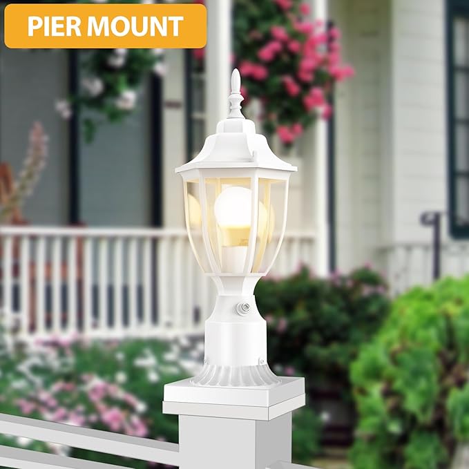 White Pole Lantern with Planter, Solar Outdoor