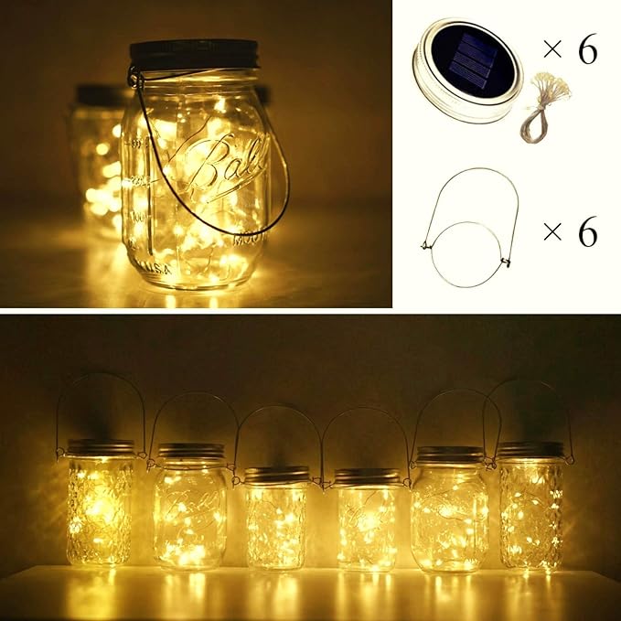 Solar Mason Jar Lights, 6 Pack 20 LED Fairy String With 6 Hangers (No Jars), Waterproof Firefly Lantern for Outdoor, Wedding, Patio, Garden, Party, Christmas Decor (Warm White)