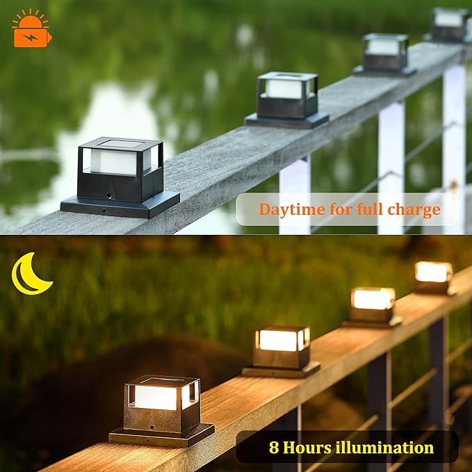 MAGGIFT 4 Pack Solar Post Lights, 20 Lumen Outdoor Warm White High Brightness SMD LED Lighting Solar Powered Cap Light, Fits 4x4, 5x5 or 6x6 Wooden Posts, Waterproof for Yard Fence Deck or Patio