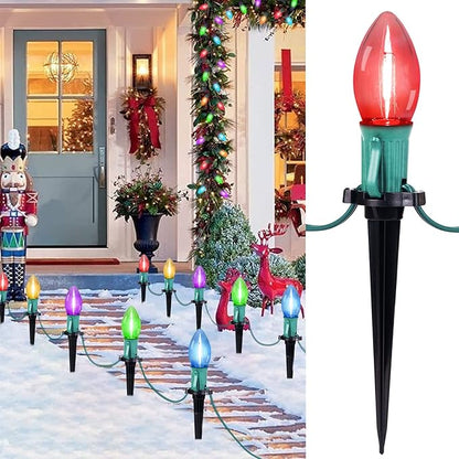 Brightown C9 Christmas String Lights Outdoor - 25.7 Feet 20 LED Christmas Pathway Lights with 20 Stakes Connectable Waterproof for Driveways Xmas Holiday Patio Decoration, Multicolored
