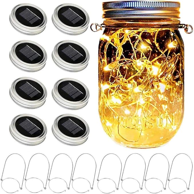 SunKite Solar Mason Jar Lights, 8 Pack 15 LED Waterproof Fairy Firefly Jar Lids String Lights with Hangers(NO Jars), Patio Yard Garden Wedding Easter Decoration - Warm White