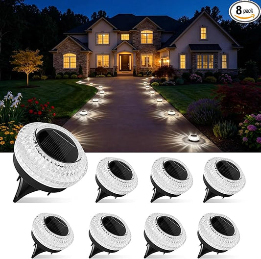 Solar Ground Lights Outdoor, 8 Pack Solar Powered Pathway Lights IP67 Waterproof Anti Glare Diamond Solar Garden Lights Landscape Lighting for Patio Yard Deck Walkway, Cold White