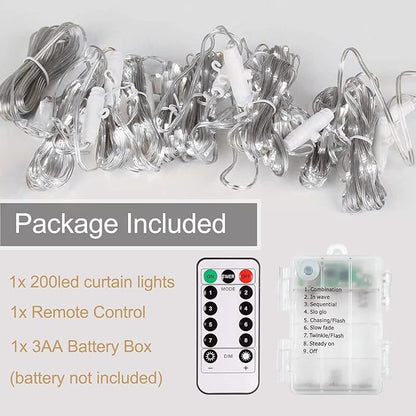 echosari Curtain Lights Battery Operated, 200 LED Curtain Fairy Lights 6.6×6.6ft with Remote Timer Outdoor Wall Light Fully Waterproof for Wedding Backdrops Bedroom Decor (Cool White)