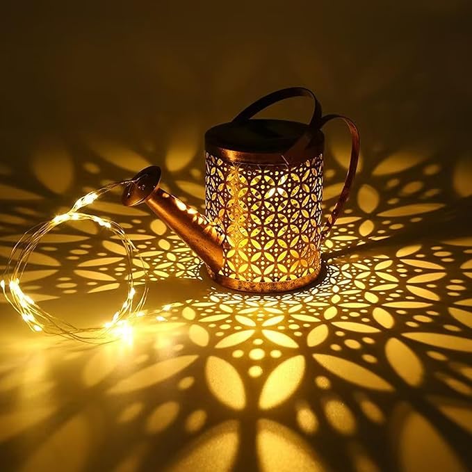 Solar Watering Can Lights, LED Solar Lantern String Light Outdoor Garden Waterproof Hollowed-Out Retro Metal Water Can Lights, for Garden Patio Yard Pathway Lantern Plant Decoration(with Bracket)