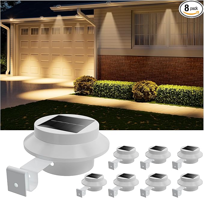 8-Pack Warm White Solar Fence Lights, Outdoor LED