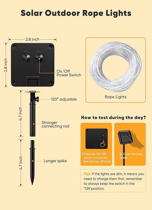 Waterproof Solar Rope Lights 39ft, Backyard LED String